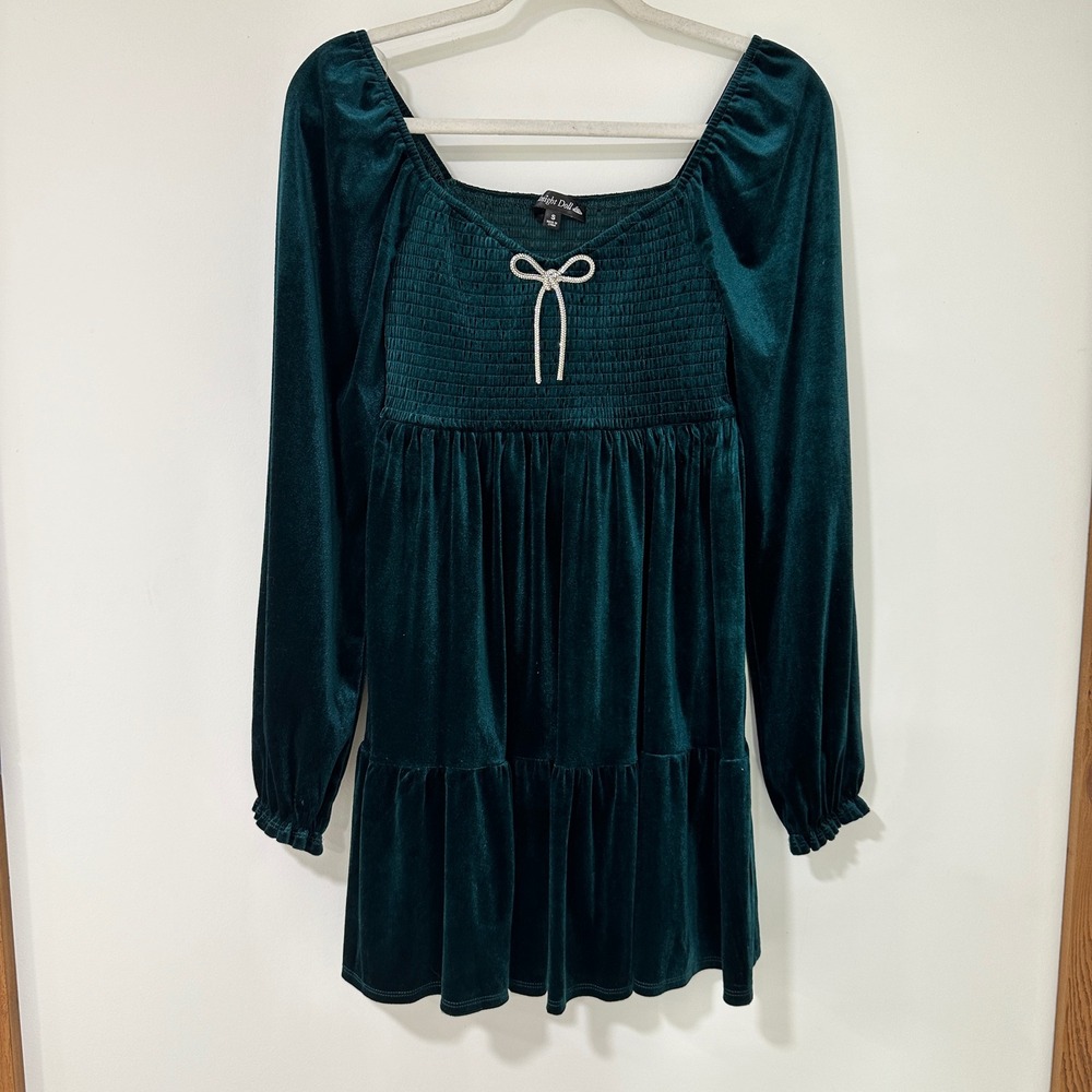 Midnight Doll Velvet Smocked Mini Dress Womens S Teal Rhinestone Bow | Coquette